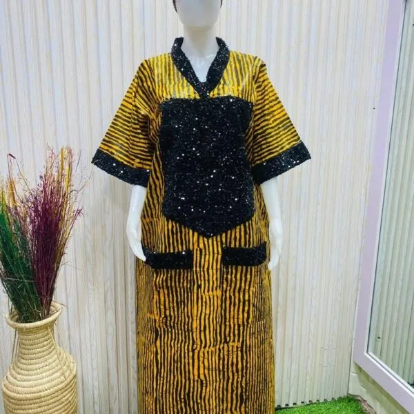 Yellow African Boubou dress with Black sequin design with scarf