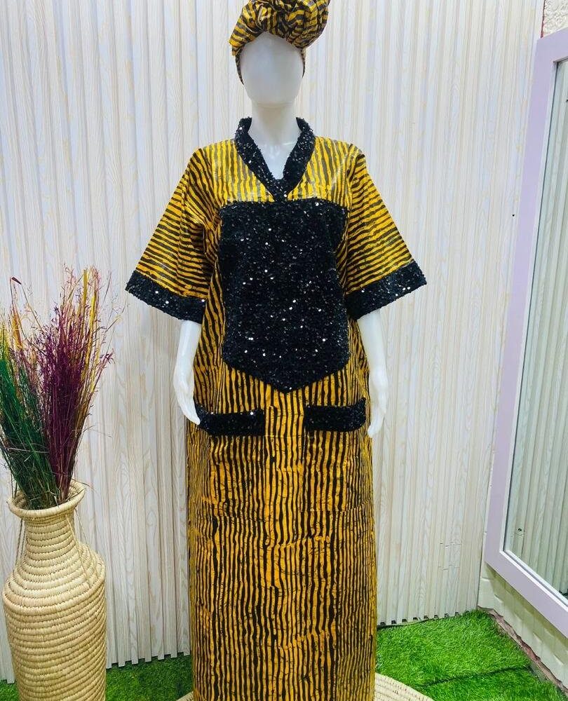 Yellow African Boubou dress with Black sequin design with scarf