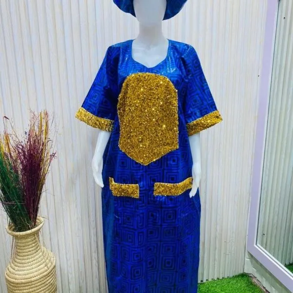 Blue with Yellow Sequin Ankara boubou gown