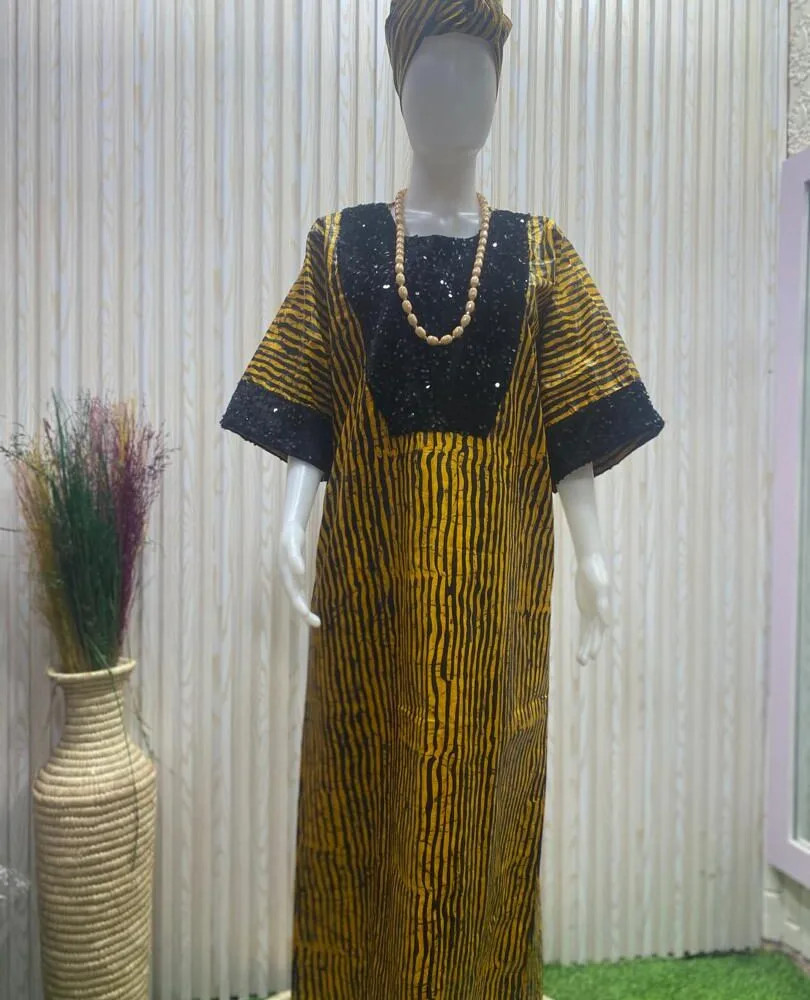 Black Sequin with Yellow Stripe Ankara Fabrics